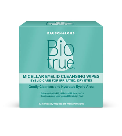 Biotrue front packaging showing 30-count wipes and clear branding benefits