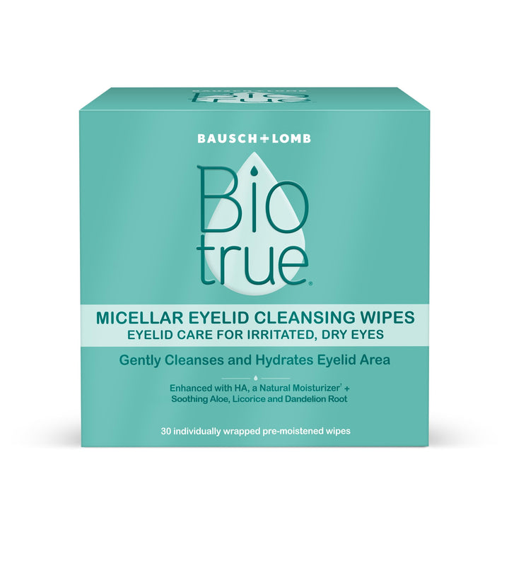 Biotrue front packaging showing 30-count wipes and clear branding benefits