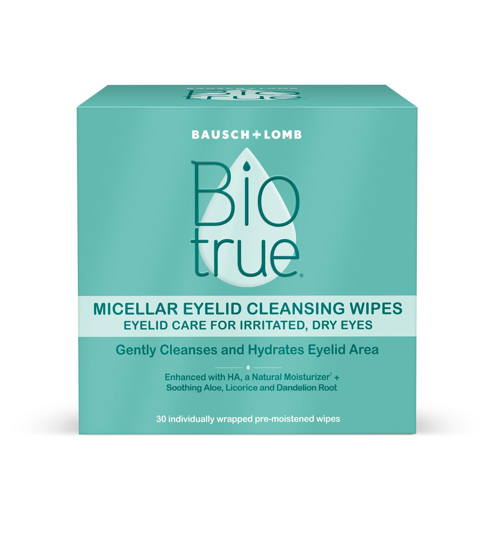 Biotrue front packaging showing 30-count wipes and clear branding benefits