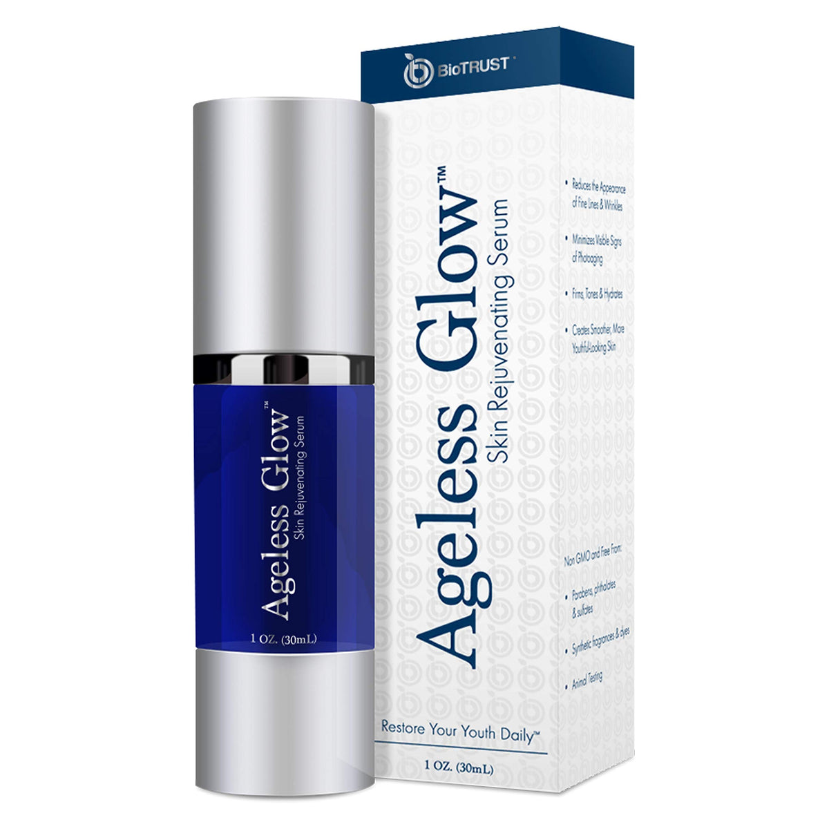 BioTrust bottle front view showing clean anti-aging serum packaging and benefits