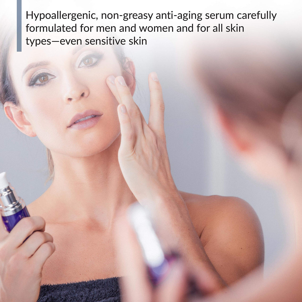 Serum pouring texture shot showing BioTrust hydration and non-greasy finish