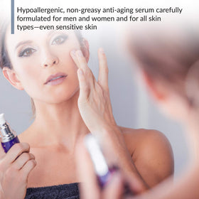 Serum pouring texture shot showing BioTrust hydration and non-greasy finish