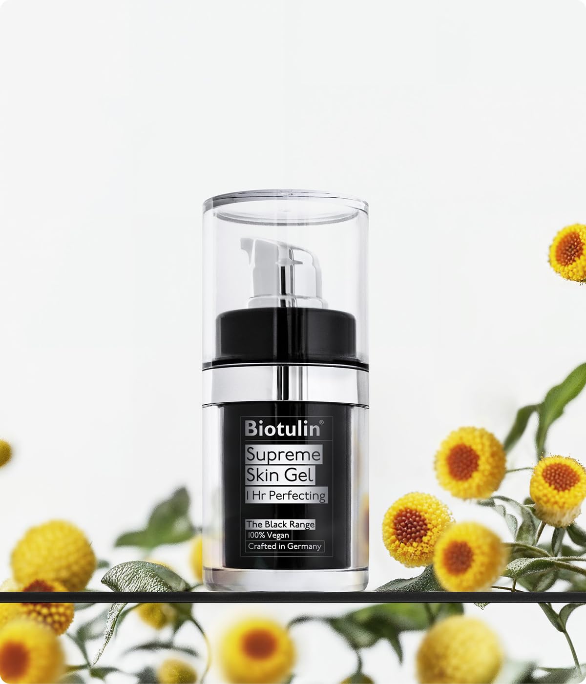 Biotulin bottle on vanity suggesting daily use and makeup-friendly base