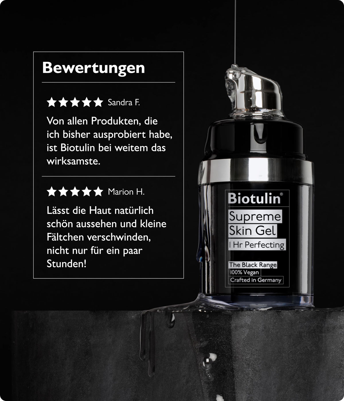 Biotulin gel with botanicals flatlay emphasizing natural-derived ingredients