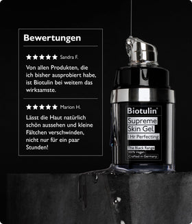 Biotulin gel with botanicals flatlay emphasizing natural-derived ingredients