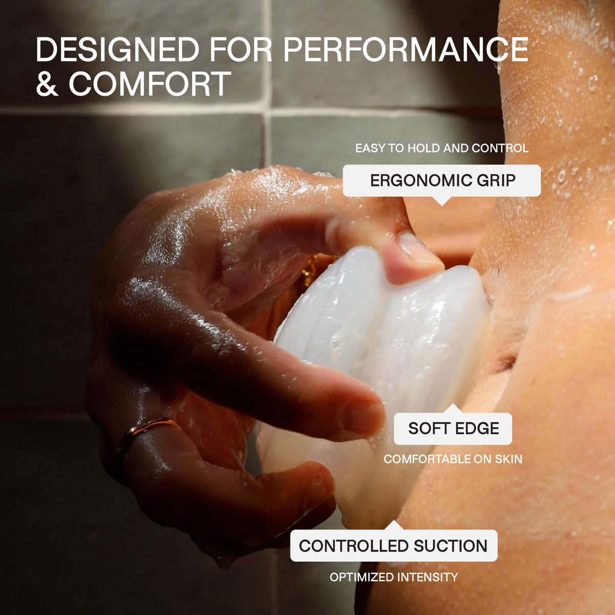 biotyspa cupping tool gliding on thigh to illustrate contouring massage