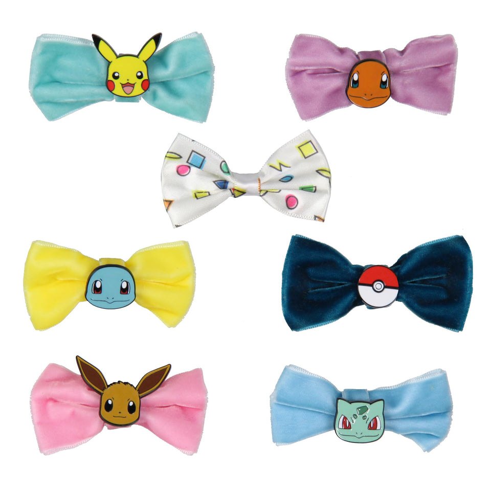 Bioworld front view of boxed 7-piece Pokémon velvet bow clip set, wearable fandom