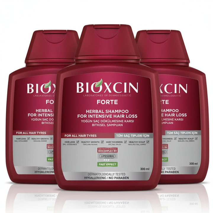 BIOXCIN front packaging showing bottle and product claim for fuller hair