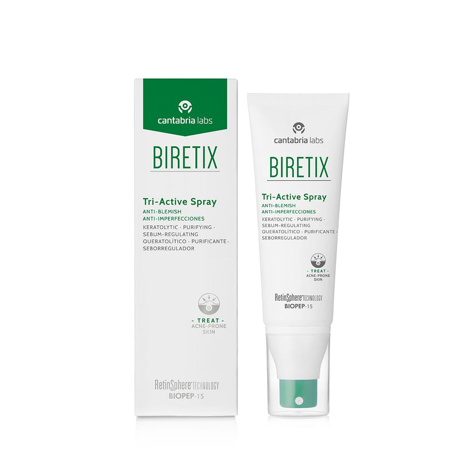 Biretix Tri-Active Spray front packaging showing sleek bottle and clear labeling benefits