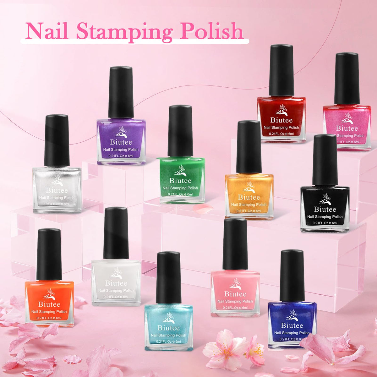 Biutee 6ml stamping polish bottles lined up to show compact size and color range