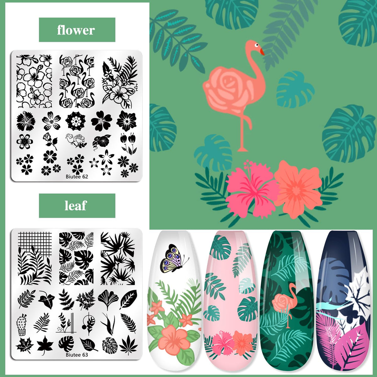 Biutee laid-out plates displaying varied designs for versatile nail art options