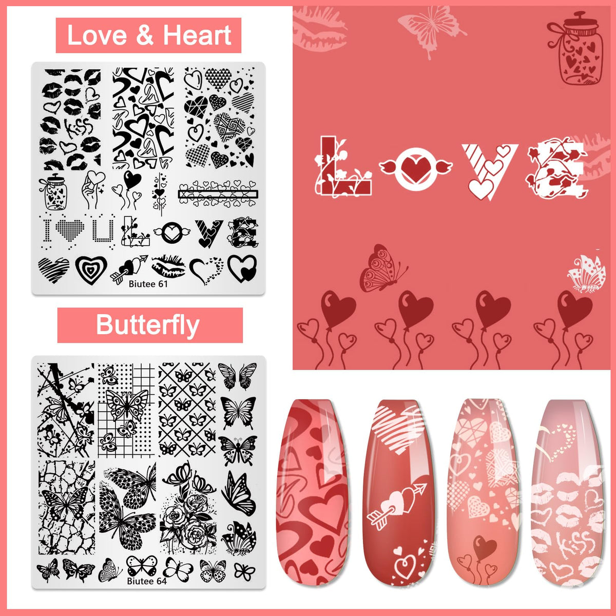 Biutee stamper transferring a floral design to a fingernail for salon-quality results