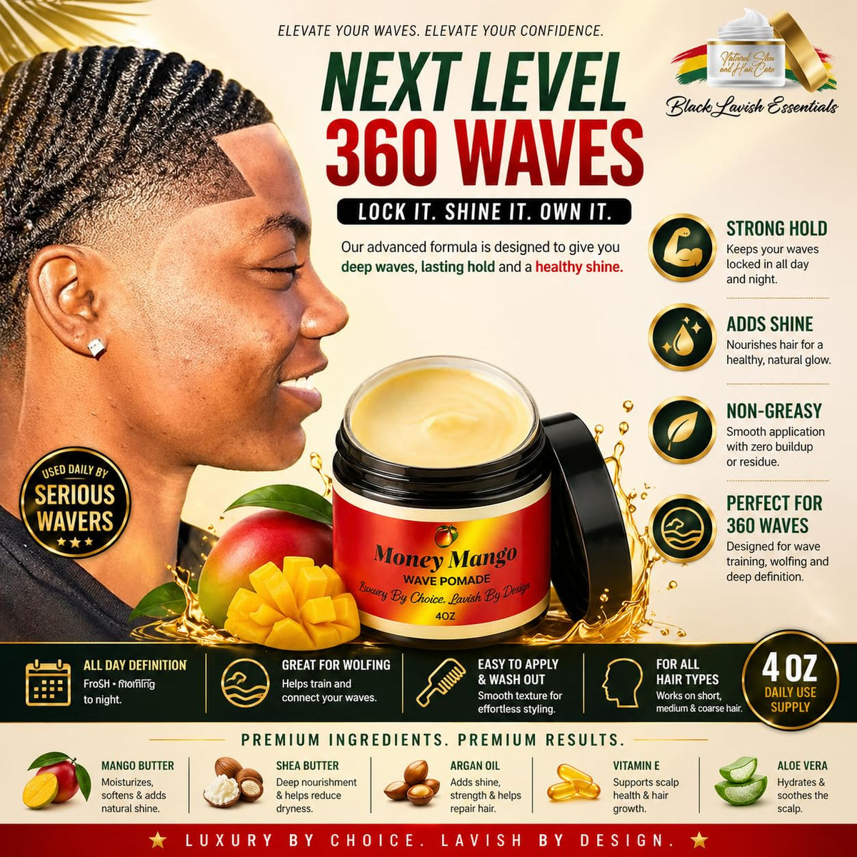 Black Lavish Essentials before-and-after hair showing deeper 360 waves and shine