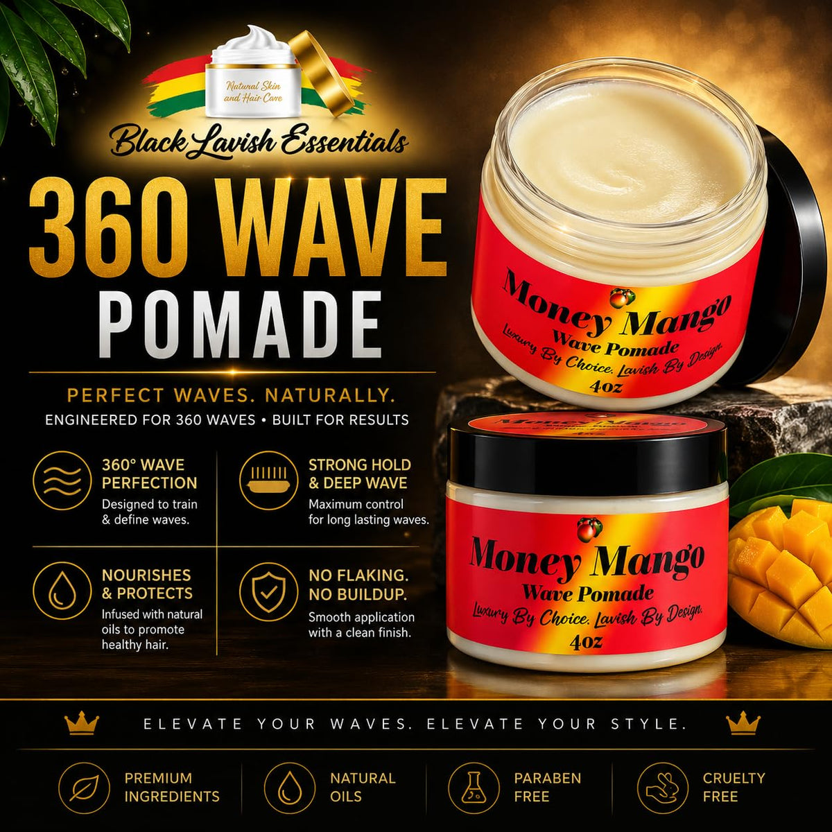 Black Lavish Essentials open jar revealing creamy pomade texture for smooth waves