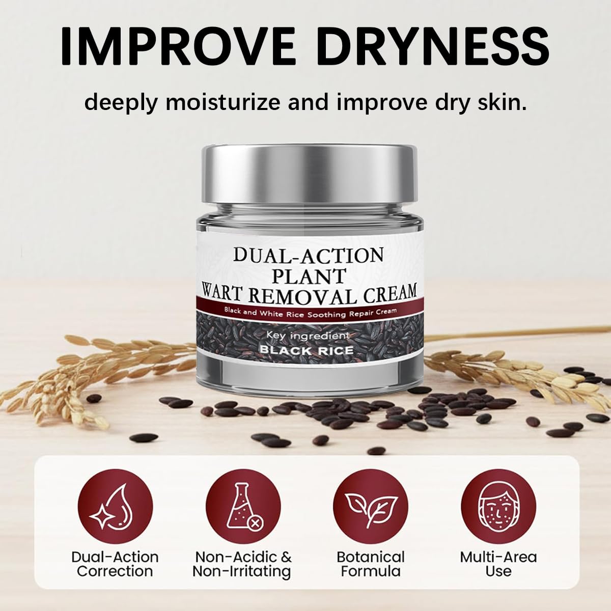 Black Rice Exfoliant jar held in hand showing product size and travel-friendly benefit