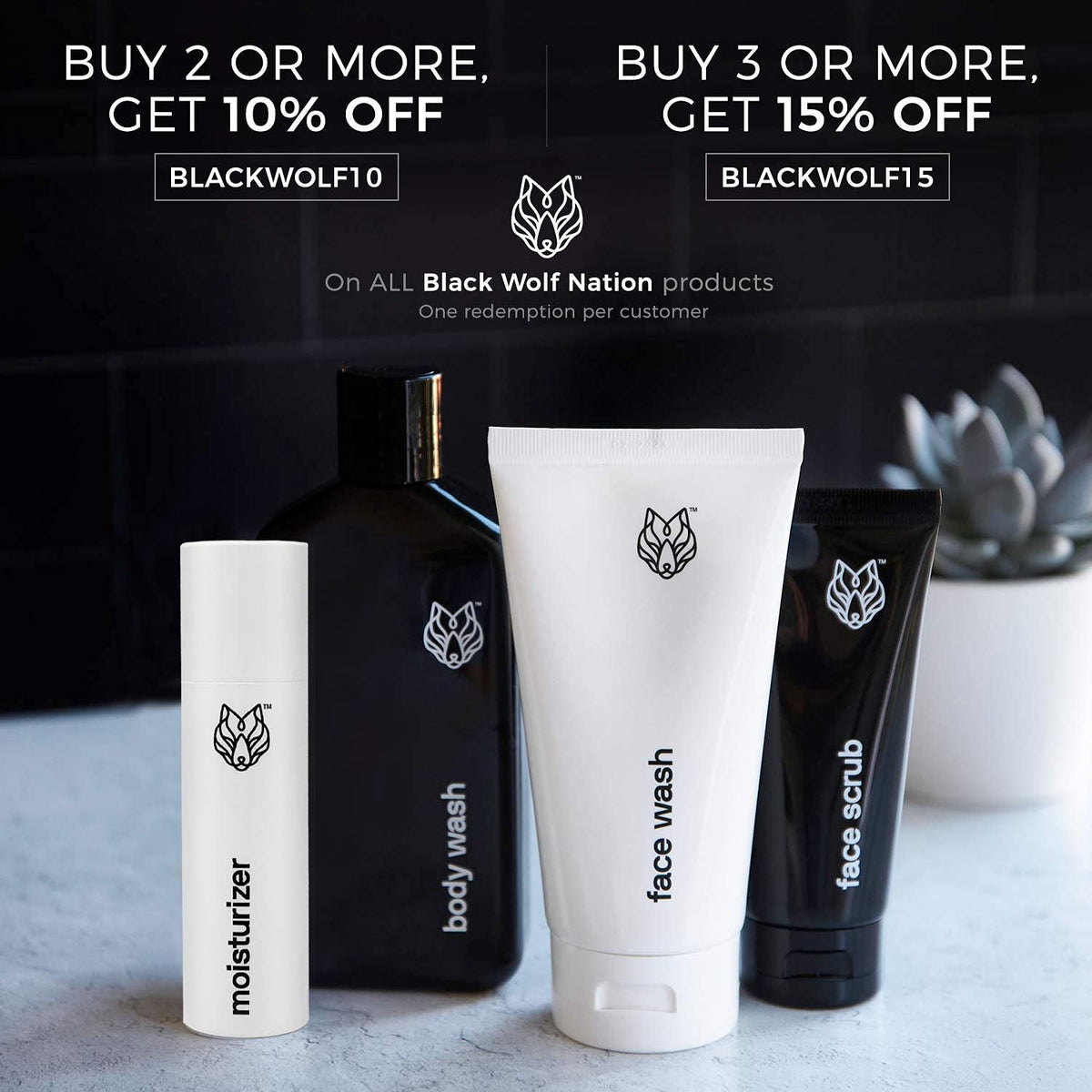 Black Wolf on bathroom shelf in morning routine setting promoting daily use benefits
