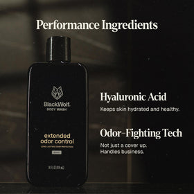 Black Wolf product label close-up showing ingredients and benefits