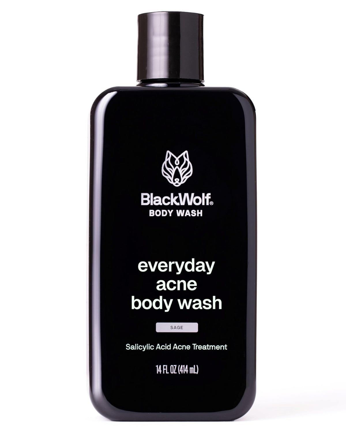 Black Wolf front bottle shows label and 14 fl oz size, clear product benefit