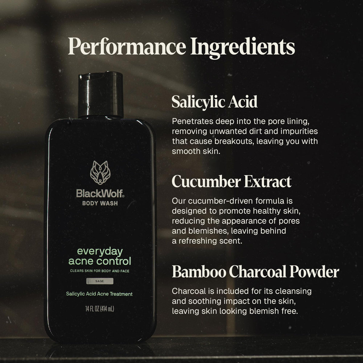 Black Wolf charcoal and salicylic acid ingredients, clarifying and exfoliating benefit
