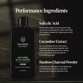Black Wolf charcoal and salicylic acid ingredients, clarifying and exfoliating benefit