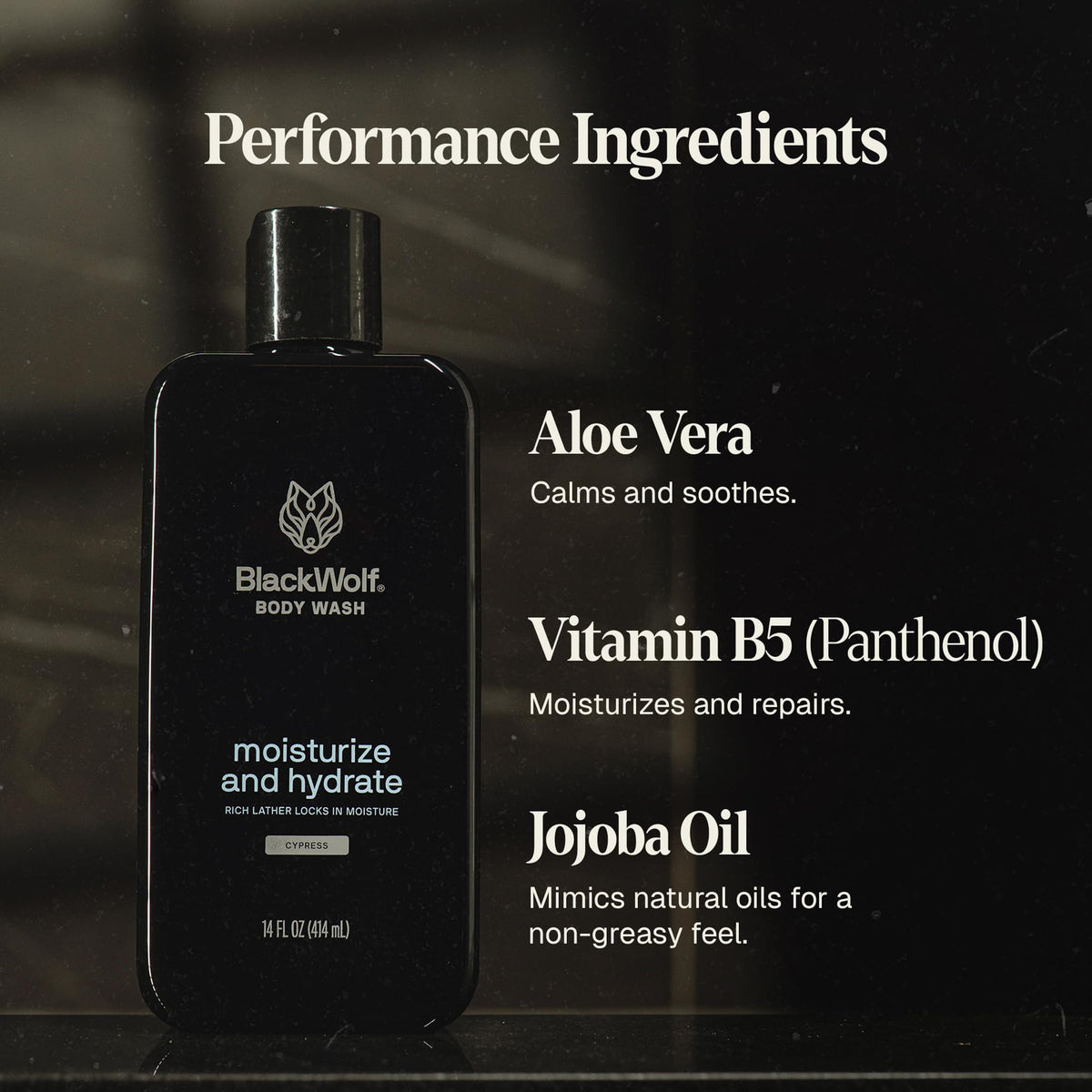 Black Wolf ingredients hyaluronic acid and jojoba oil displayed for nourishment