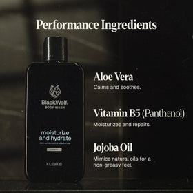 Black Wolf ingredients hyaluronic acid and jojoba oil displayed for nourishment