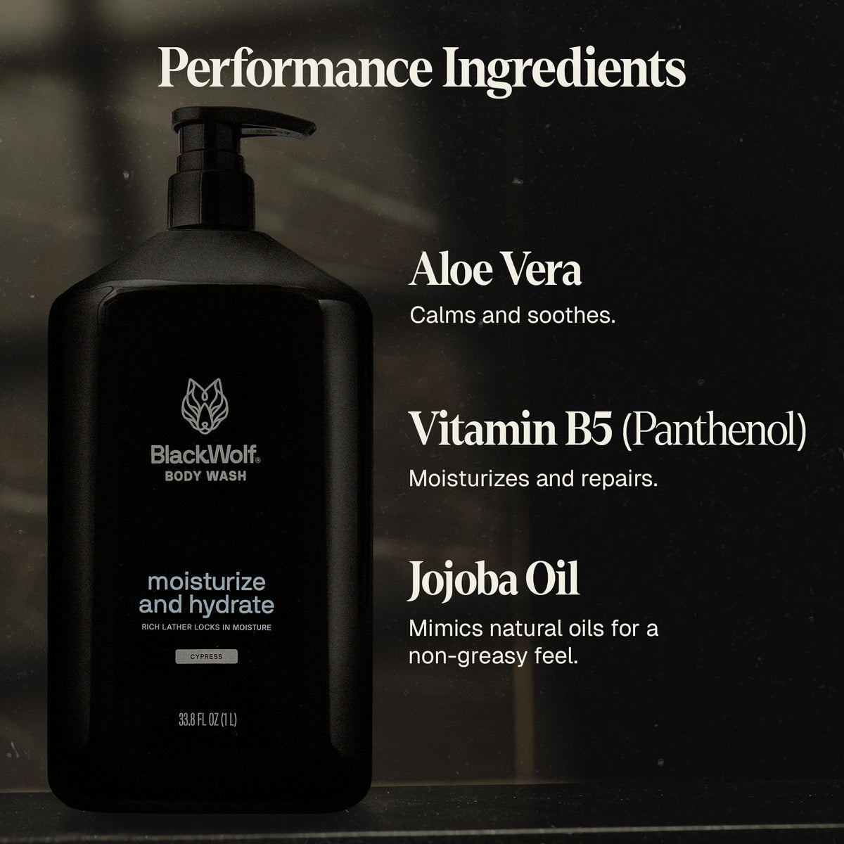 black wolf ingredient label close-up featuring jojoba oil and aloe vera benefits