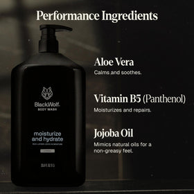 black wolf ingredient label close-up featuring jojoba oil and aloe vera benefits