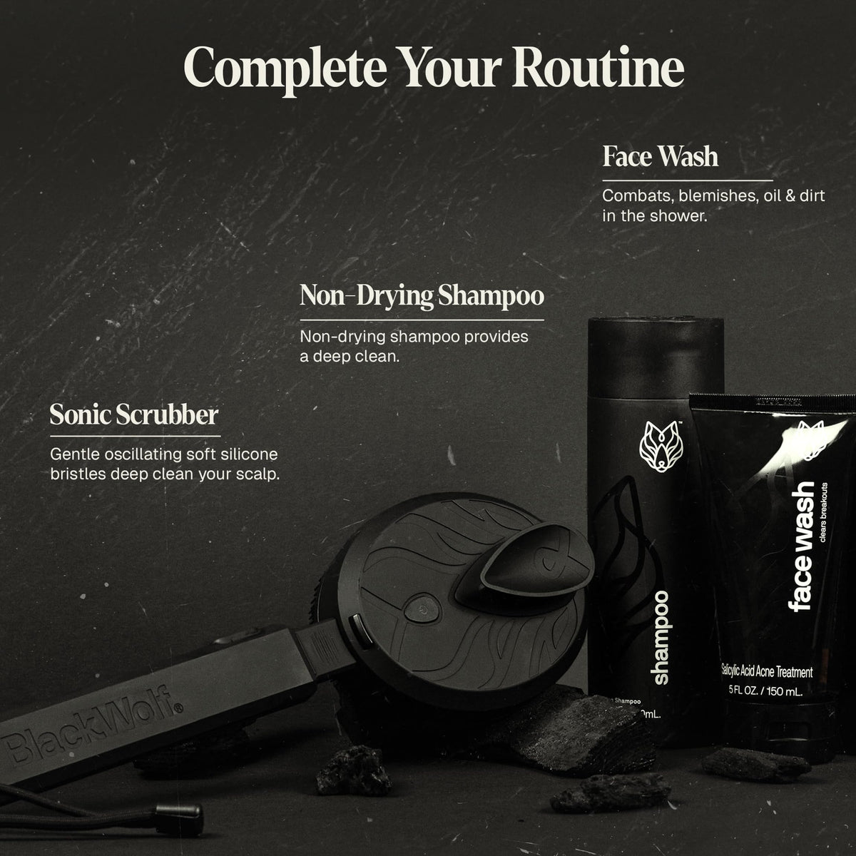 Black Wolf close-up label showing active ingredients and gentle formula