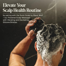 Black Wolf shampoo on bathroom shelf with towel showing grooming routine convenience