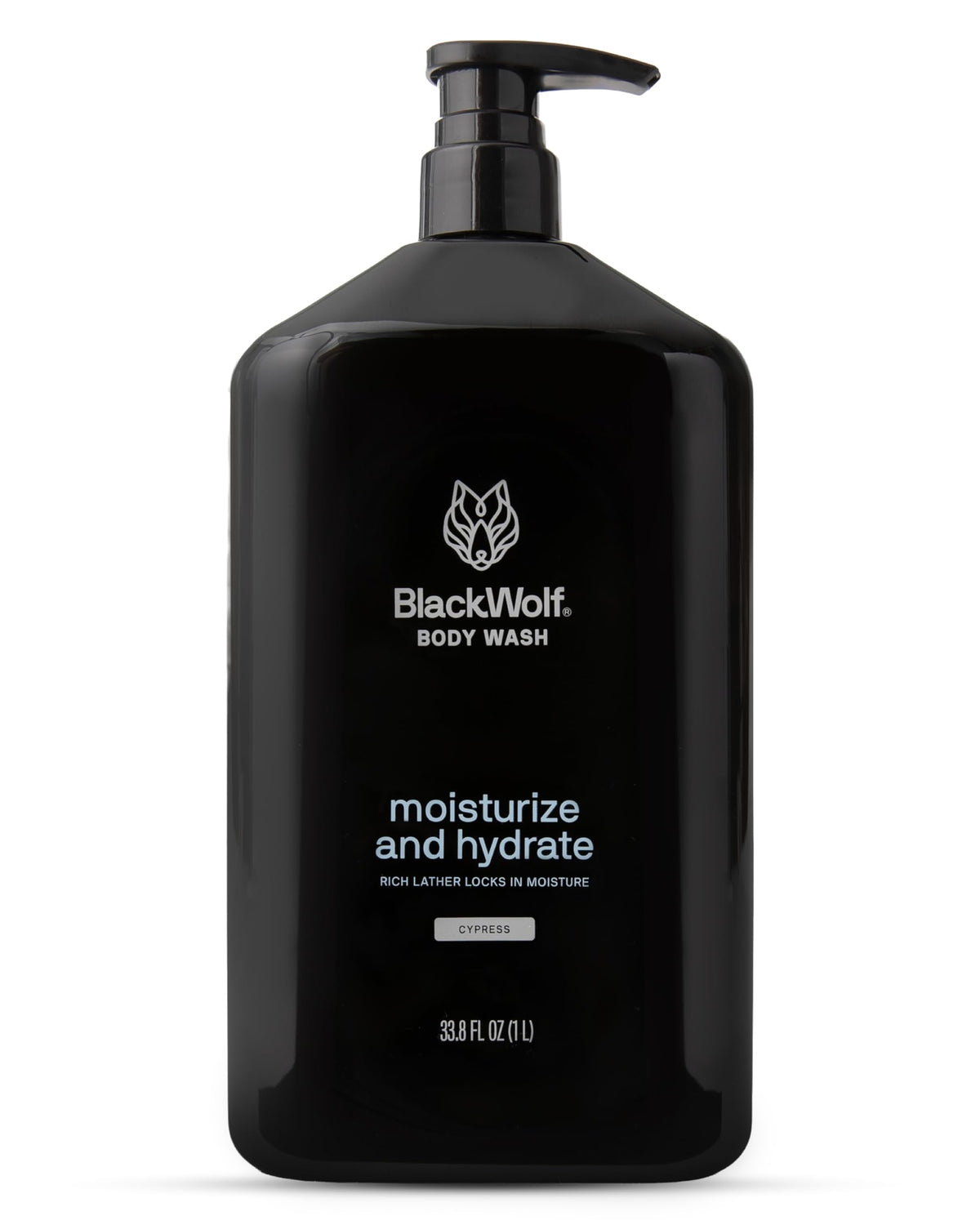 black wolf front packaging showing sandalwood bottle and benefit of hydrating formula