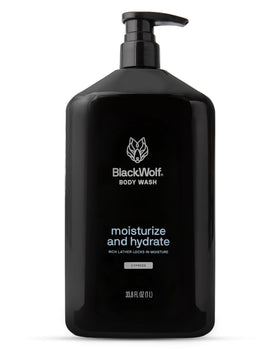 black wolf front packaging showing sandalwood bottle and benefit of hydrating formula
