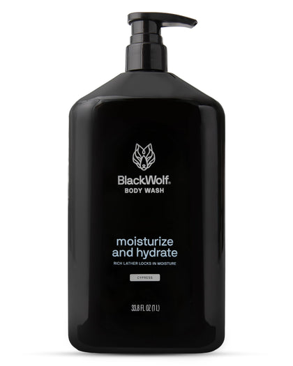 black wolf front packaging showing sandalwood bottle and benefit of hydrating formula
