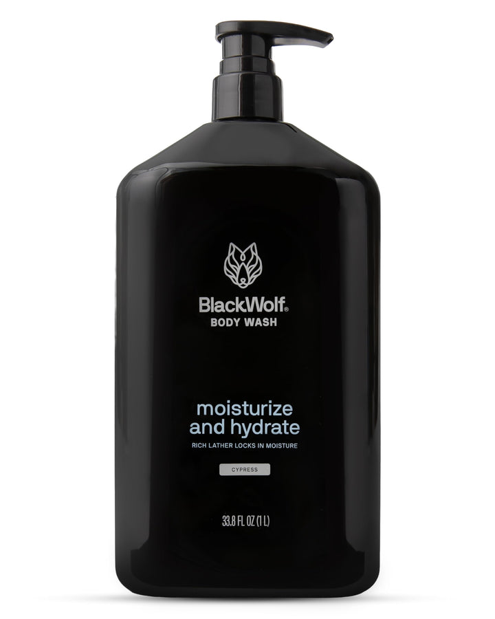 black wolf front packaging showing sandalwood bottle and benefit of hydrating formula