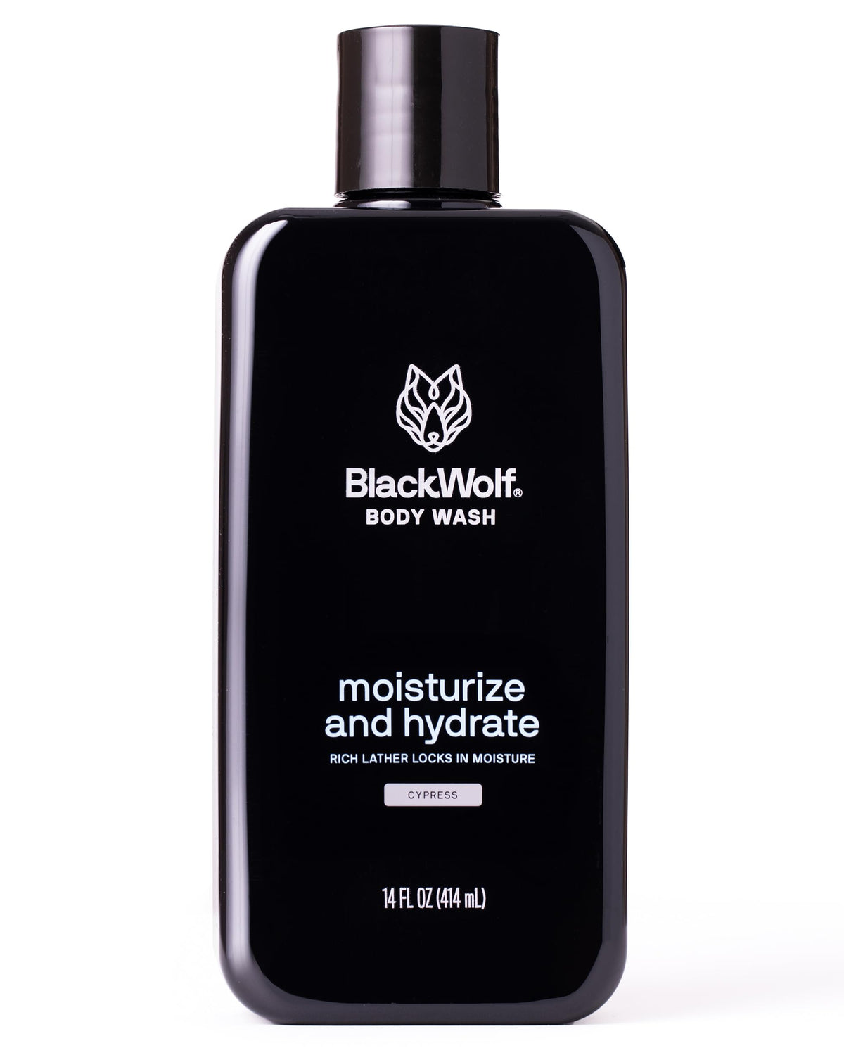 Black Wolf front packaging showing sandalwood body wash and benefits
