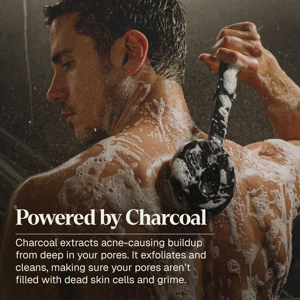black wolf bottle in shower being used by man showing effective daily cleansing