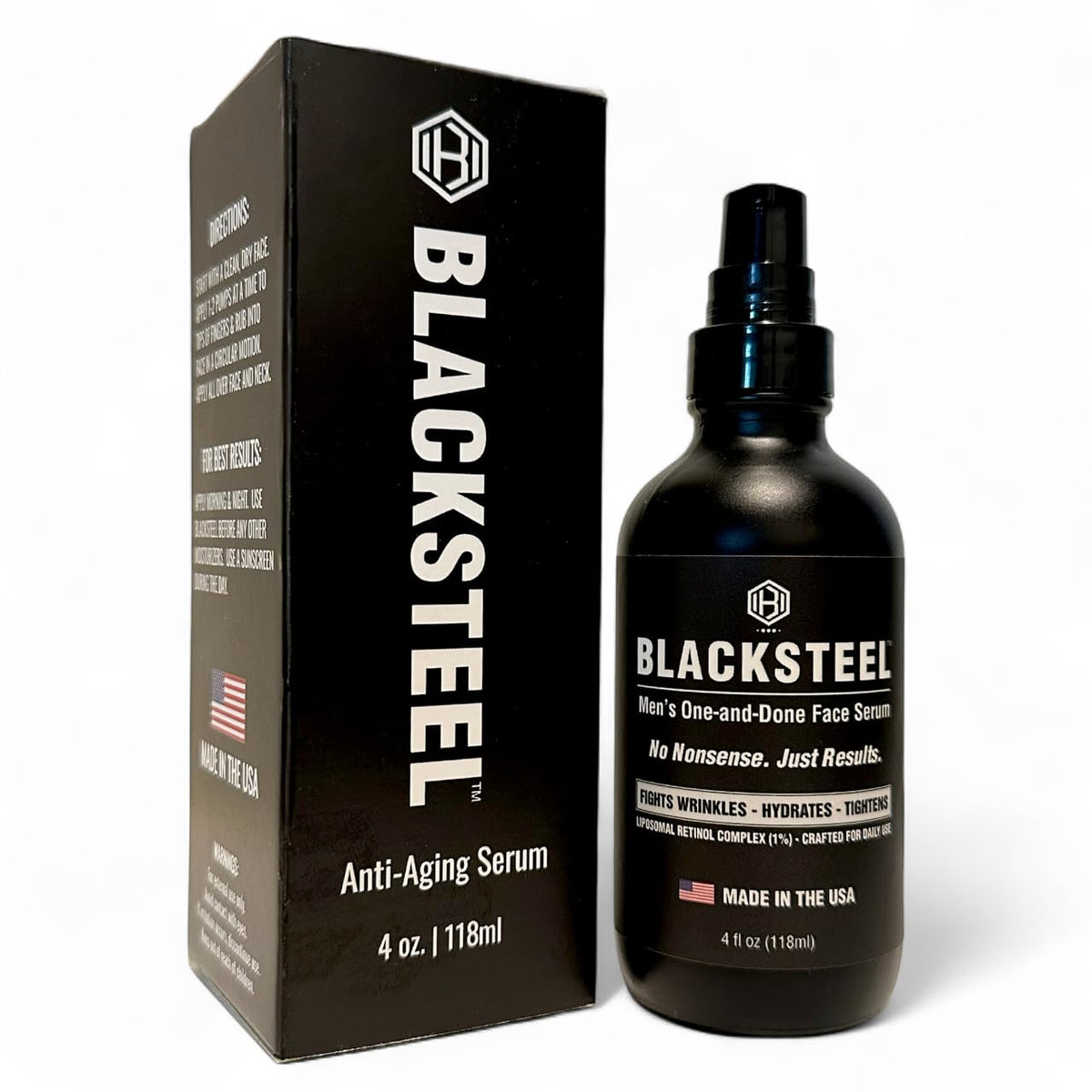 BLACKSTEEL front bottle showing sleek matte packaging and clear branding benefit: professional look