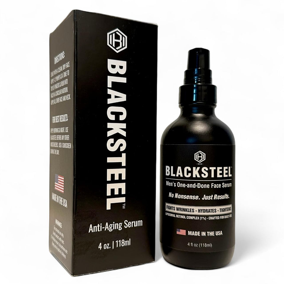 BLACKSTEEL front bottle showing sleek matte packaging and clear branding benefit: professional look