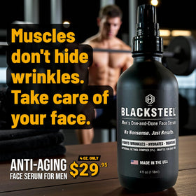 BLACKSTEEL label highlighting ingredient list with retinol and hyaluronic acid benefit