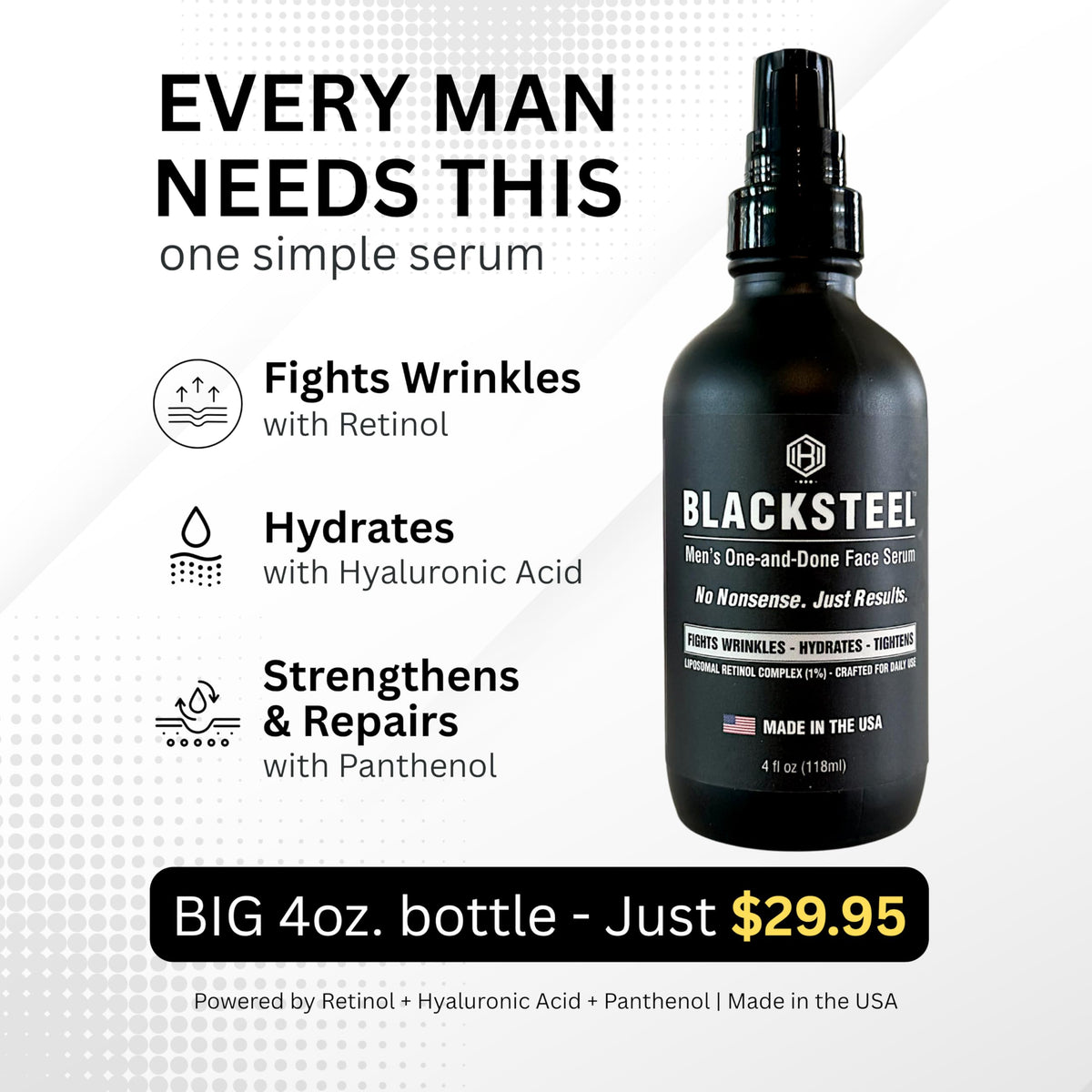 BLACKSTEEL on bathroom counter in lifestyle shot showing daily routine simplicity benefit