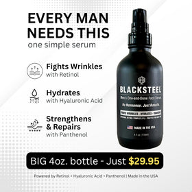 BLACKSTEEL on bathroom counter in lifestyle shot showing daily routine simplicity benefit