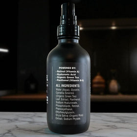 BLACKSTEEL matte glass close-up emphasizing durable bottle and light-blocking protection benefit
