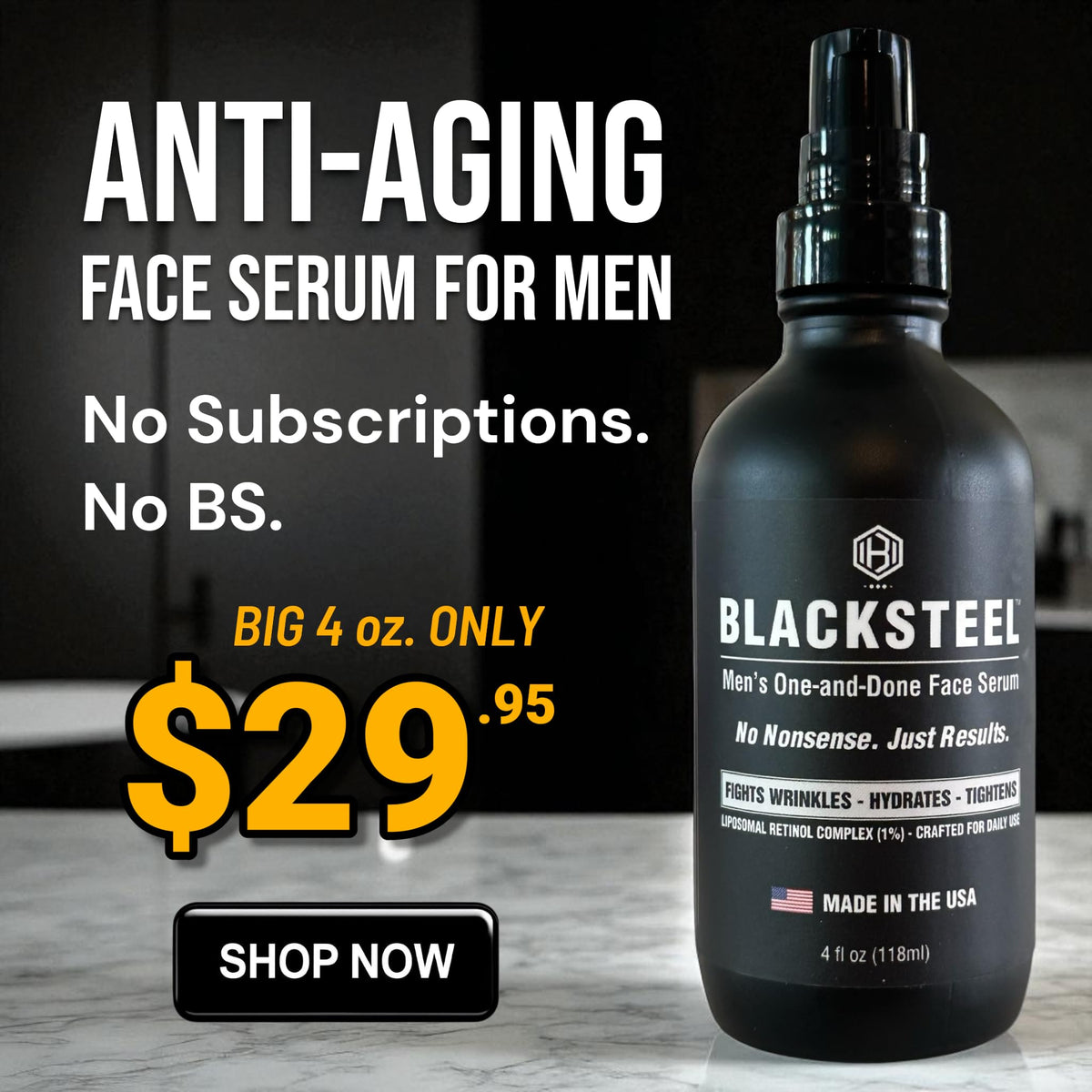BLACKSTEEL serum texture droplet showing lightweight consistency and quick absorption benefit