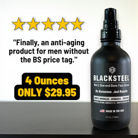 BLACKSTEEL 4 oz bottle beside a ruler for size comparison and travel-ready convenience benefit