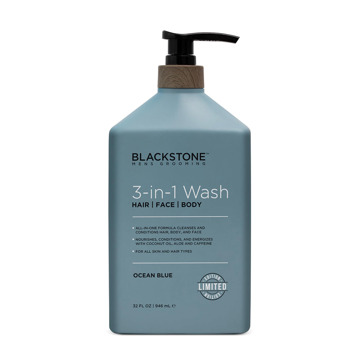 Blackstone bottle on bathroom shelf lifestyle conveying organized grooming benefit