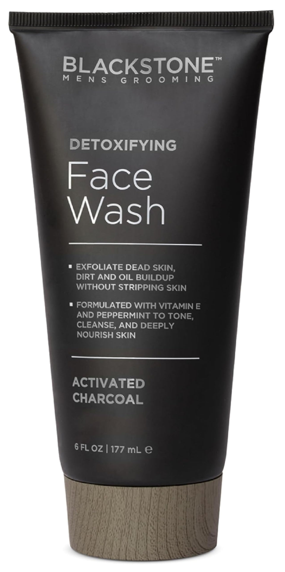 Blackstone face wash front bottle showing branding and packaging details, convenient travel size