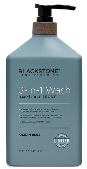 Blackstone front bottle Ocean Blue shows product and size benefit