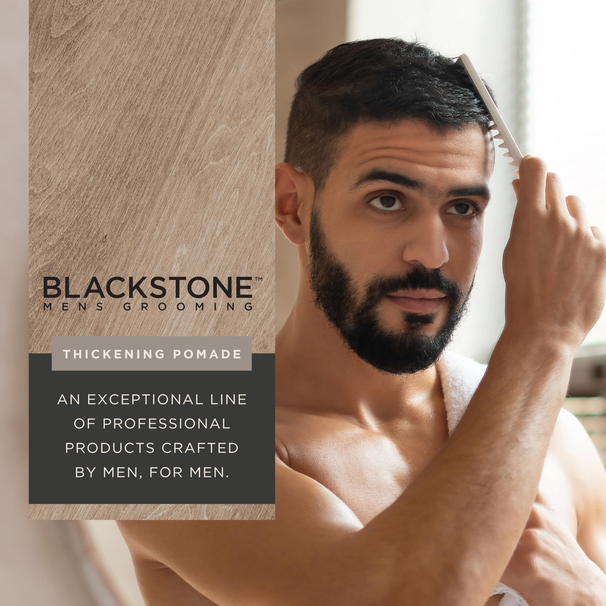 Blackstone pomade in hand during application demonstrating even distribution and volume