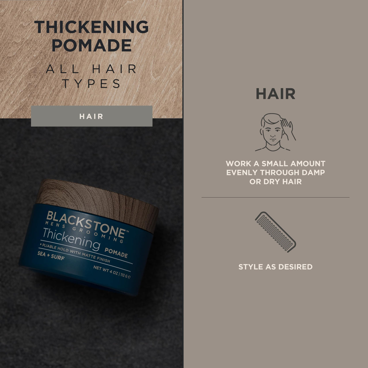 Blackstone pomade styled hair side profile showing matte finish and natural texture