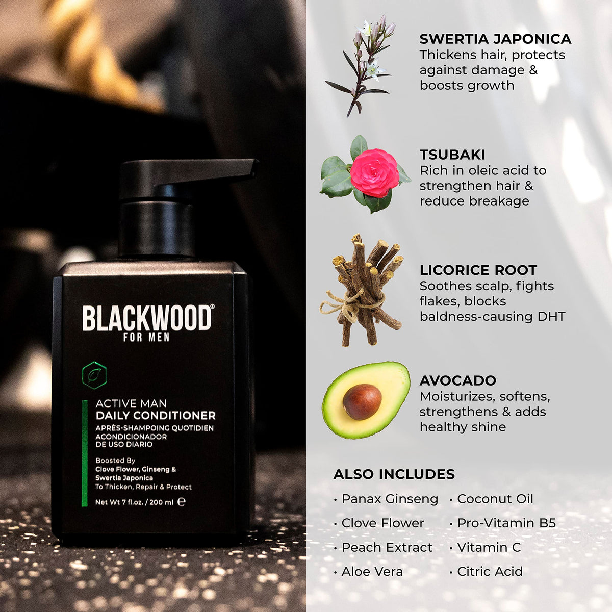 Blackwood For Men bottle label detail highlighting natural ingredients benefit
